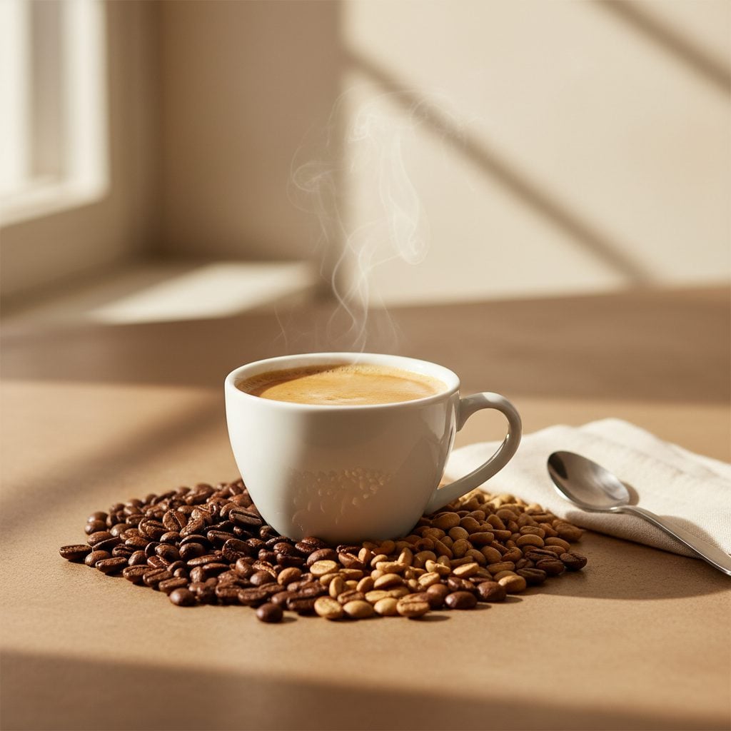 Moliendo Half Caff yarı kafeinli kahve fincanı ve çekirdekleri