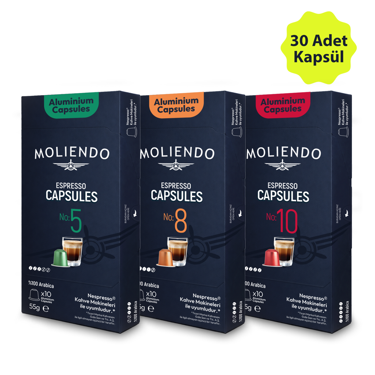 Moliendo Kapsül Deneyim Seti 3x10 Nespresso Uyumlu Alüminyum Kapsül 30 Adet