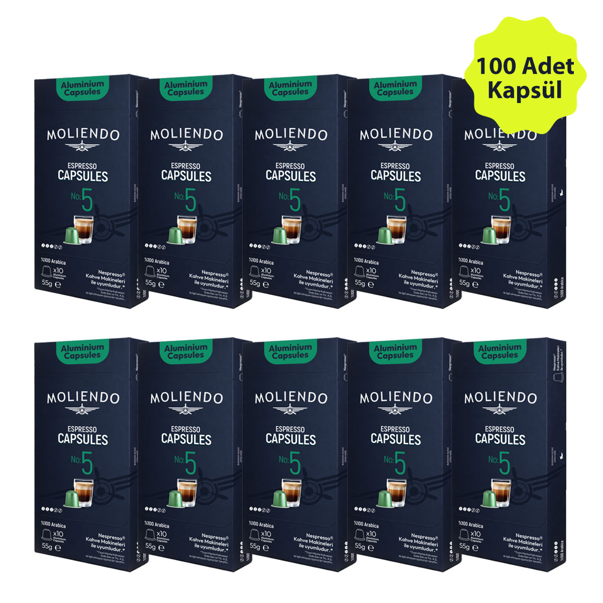 Moliendo Kapsül No:5 Avantaj Paketi 10x10 Nespresso Uyumlu Alüminyum Kapsül 100 Adet