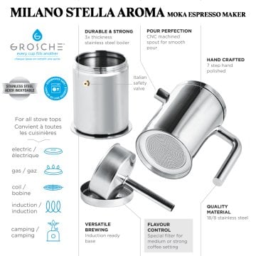 Grosche Milano Stella Aroma Çelik Moka Pot Gümüş 8 Cup